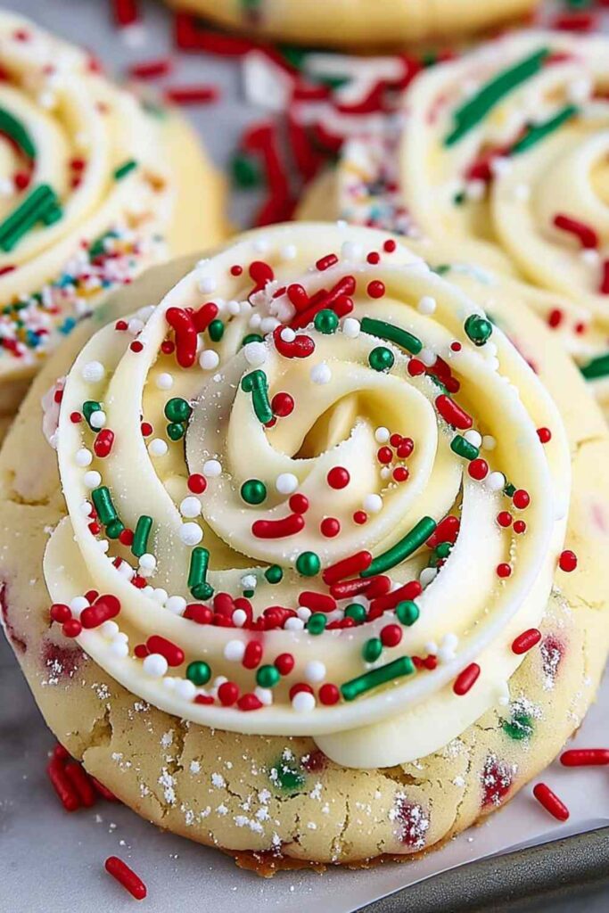 Soft cake batter cookies with rainbow sprinkles and white chocolate chips on cooling rack