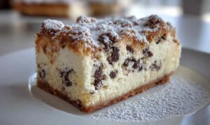 Cannoli cheesecake bars with chocolate chips and pistachios on white plate