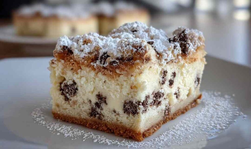 Cannoli cheesecake bars with chocolate chips and pistachios on white plate