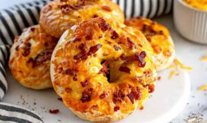 Cheddar Bacon Everything Bagel topped with melted cheese, crispy bacon, and everything bagel seasoning on a cooling rack