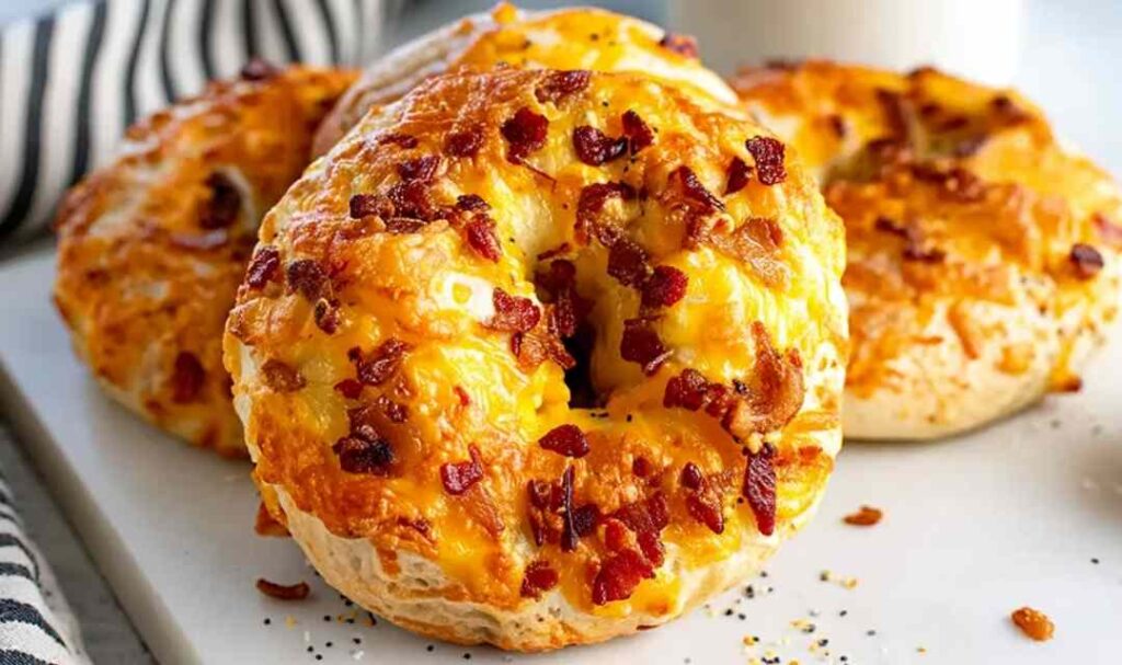 Cheddar Bacon Everything Bagel topped with melted cheese, crispy bacon, and everything bagel seasoning on a cooling rack