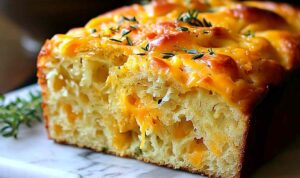 Sliced cheddar cheese quick bread on wooden cutting board showing fluffy texture