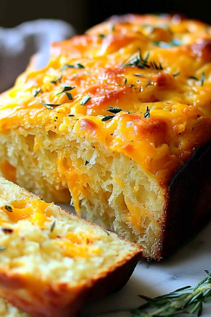 Sliced cheddar cheese quick bread on wooden cutting board showing fluffy texture