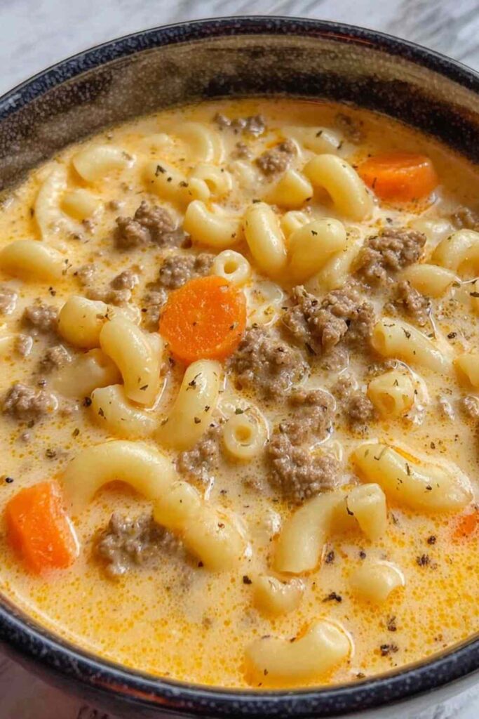 Bowl of cheeseburger macaroni soup topped with shredded cheddar cheese and diced pickles