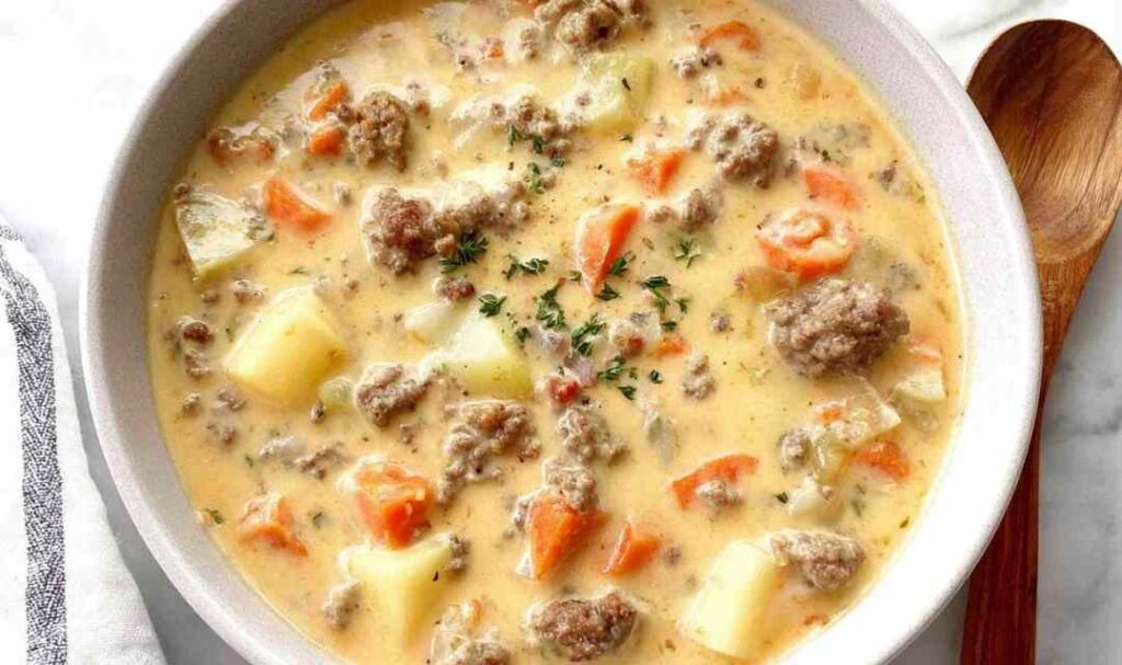 Cheeseburger soup in a white bowl topped with shredded cheese, pickles, and diced tomatoes