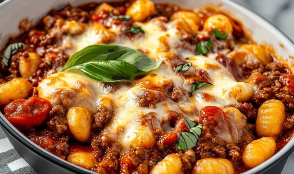 Cheesy Bolognese Gnocchi Bake in white baking dish with golden melted cheese on top