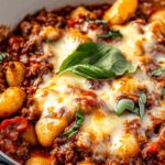 Cheesy Bolognese Gnocchi Bake in white baking dish with golden melted cheese on top