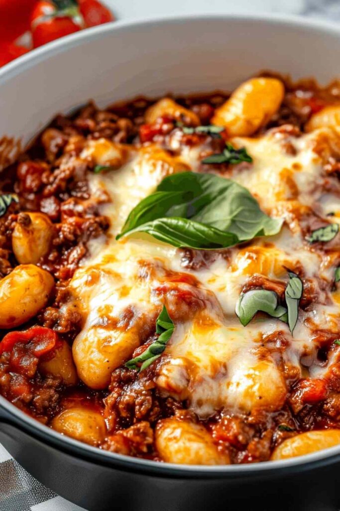 Cheesy Bolognese Gnocchi Bake in white baking dish with golden melted cheese on top