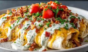 Jalapeño Popper Cheesy Chicken Enchiladas in baking dish topped with melted cheese and bacon