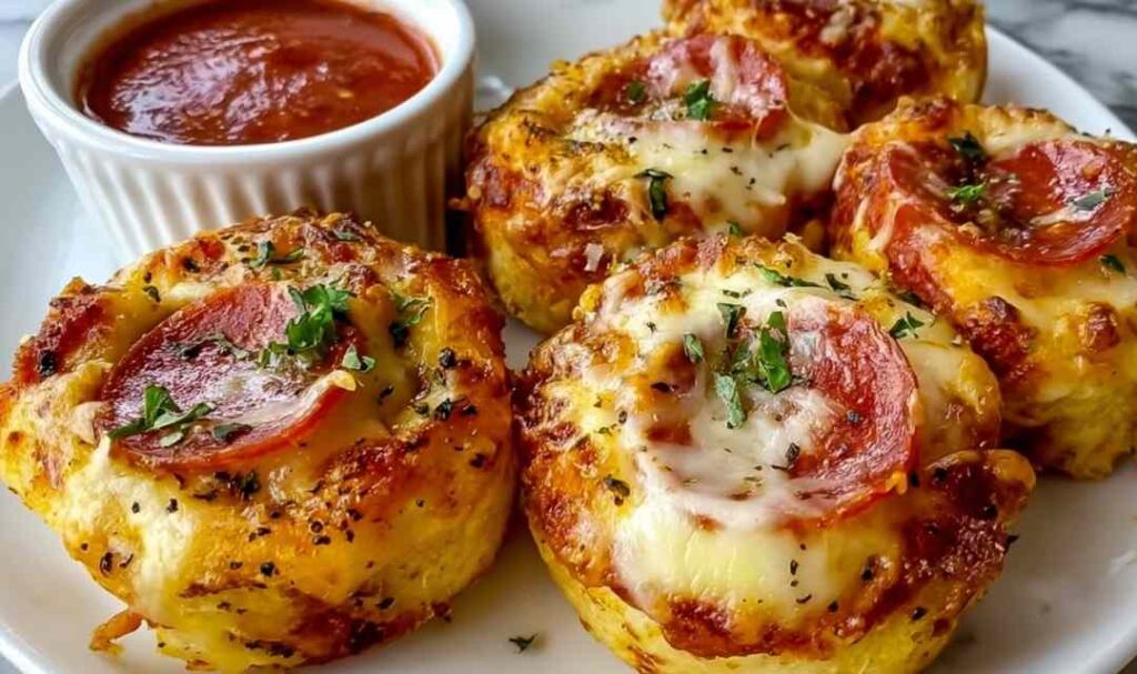 Cheesy Pepperoni Pizza Roll-Ups 5 Cheesy pepperoni pizza roll-ups on white plate with marinara dipping sauce