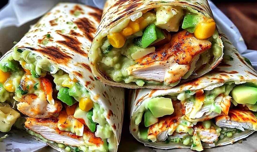 Chicken Avocado Ranch Burritos cut in half showing seasoned chicken filling with creamy ranch sauce and fresh avocado