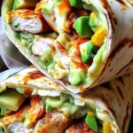 Chicken Avocado Ranch Burritos cut in half showing seasoned chicken filling with creamy ranch sauce and fresh avocado