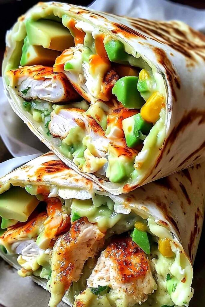 Chicken Avocado Ranch Burritos cut in half showing seasoned chicken filling with creamy ranch sauce and fresh avocado