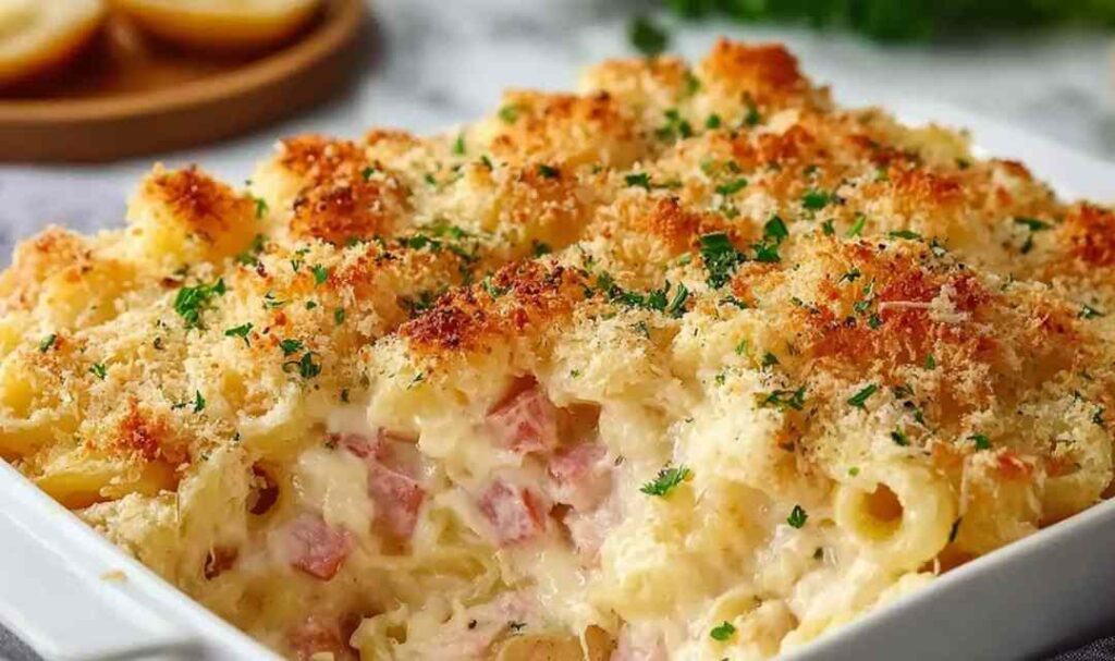 Chicken Cordon Bleu Casserole 5 Chicken Cordon Bleu Casserole with golden panko topping in white baking dish