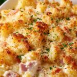 Chicken Cordon Bleu Casserole with golden panko topping in white baking dish
