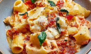 Chicken Pasta alla Sorrentina Recipe Chicken Pasta alla Sorrentina in white bowl with melted mozzarella and fresh basil