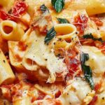 Chicken Pasta alla Sorrentina in white bowl with melted mozzarella and fresh basil