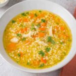 Bowl of chicken pastina soup with tiny pasta, shredded chicken, and vegetables in golden broth topped with Parmesan cheese