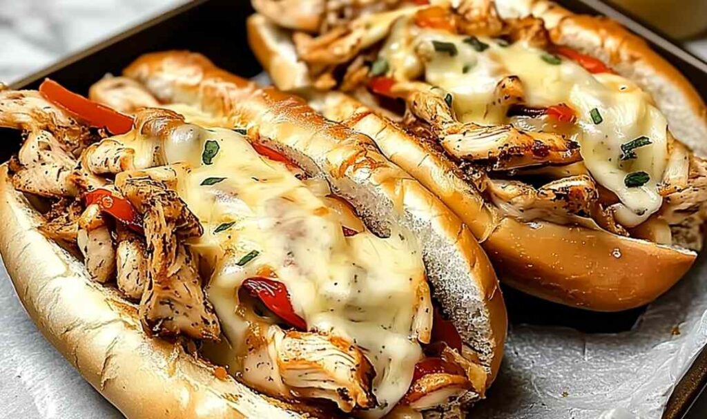 Chicken Philly Cheese Steaks 5 Chicken Philly Cheese Steaks with melted provolone cheese and sautéed peppers and onions on toasted hoagie roll
