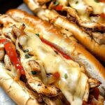 Chicken Philly Cheese Steaks with melted provolone cheese and sautéed peppers and onions on toasted hoagie roll