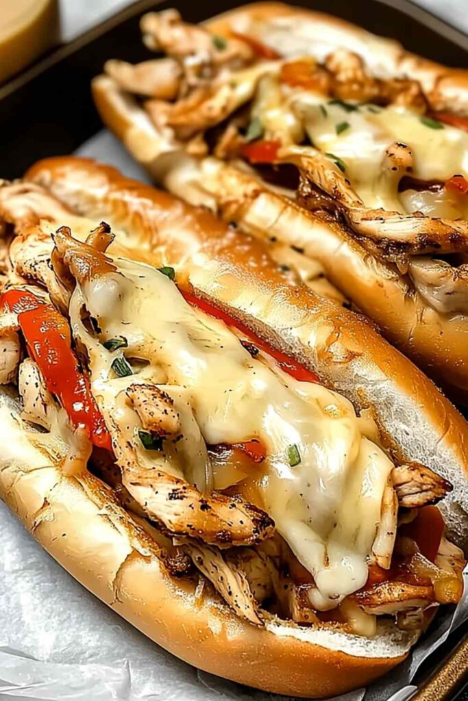 Chicken Philly Cheese Steaks 6 Chicken Philly Cheese Steaks with melted provolone cheese and sautéed peppers and onions on toasted hoagie roll