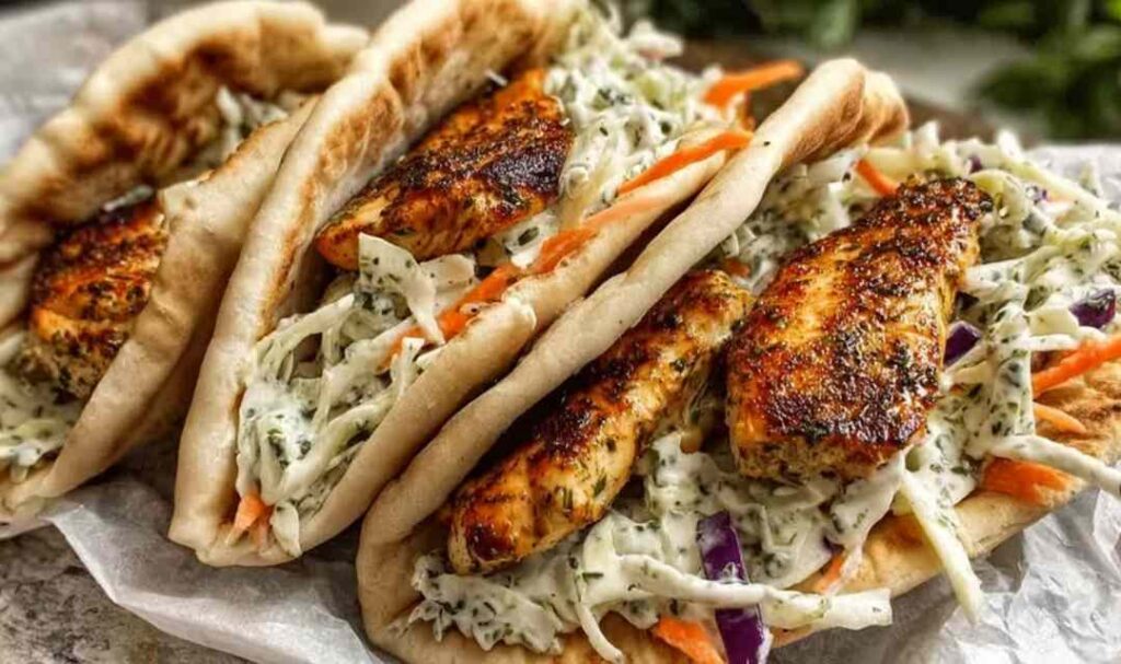 Chicken pitas with herby ranch slaw on white plate with fresh vegetables