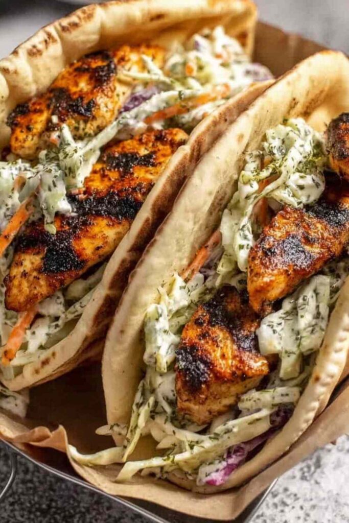 Chicken pitas with herby ranch slaw on white plate with fresh vegetables