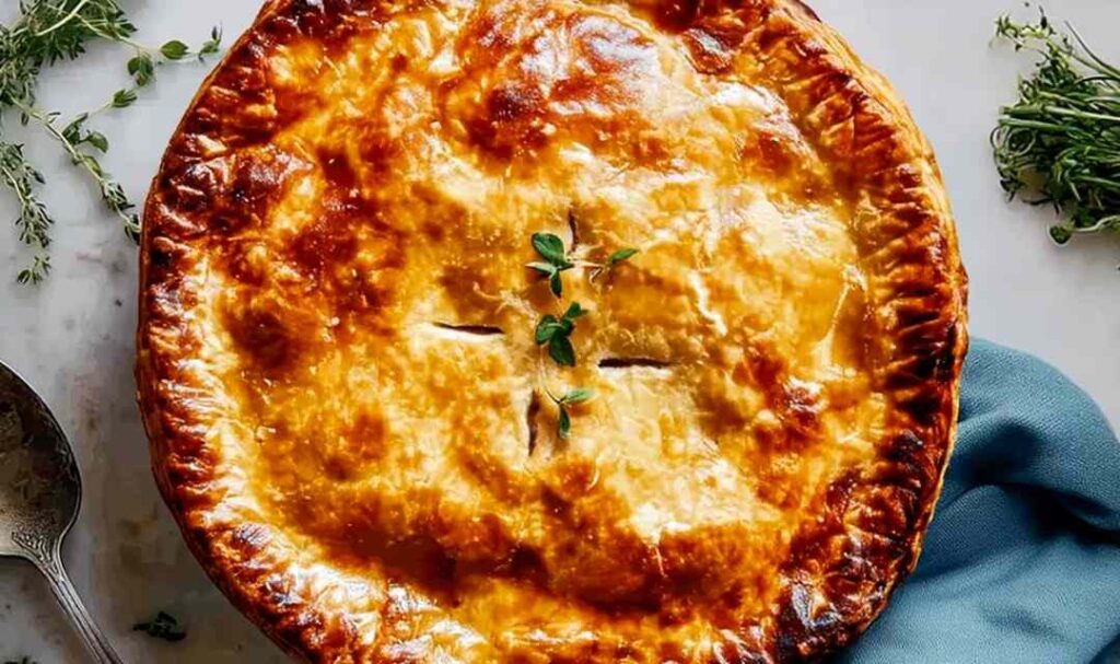 Golden chicken pot pie recipe with flaky crust on white plate showing creamy filling