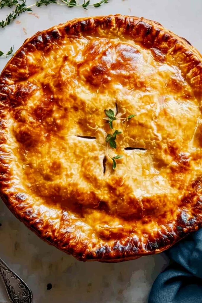 Golden chicken pot pie recipe with flaky crust on white plate showing creamy filling