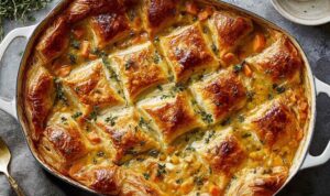 Chicken Pot Pie with Puff Pastry on white plate showing golden flaky crust and creamy filling