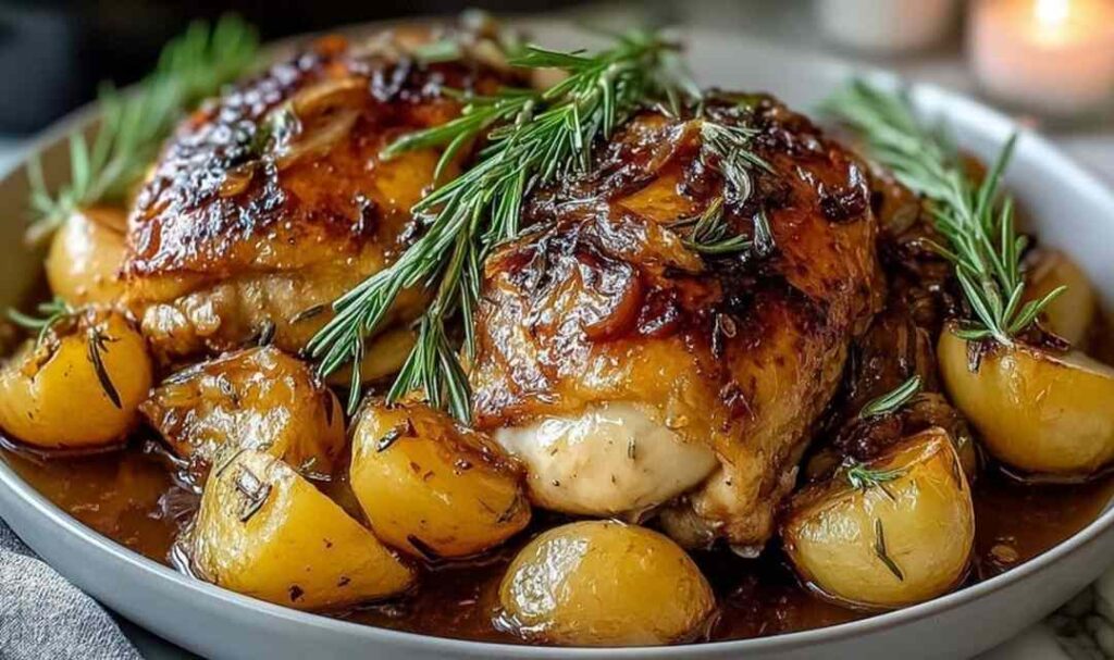 Christmas Rosemary Apple Cider Chicken on white plate garnished with apple slices and fresh rosemary