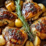 Christmas Rosemary Apple Cider Chicken on white plate garnished with apple slices and fresh rosemary