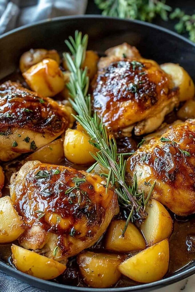 Christmas Rosemary Apple Cider Chicken on white plate garnished with apple slices and fresh rosemary