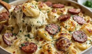 Classic Crockpot Pierogi Casserole with Kielbasa served in a white bowl with sour cream