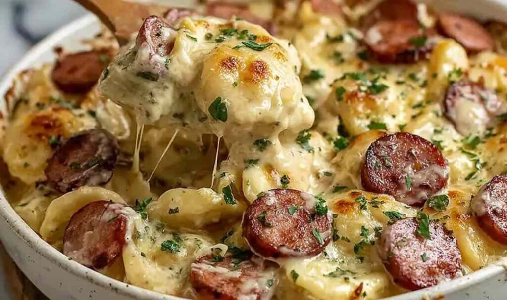 Classic Crockpot Pierogi Casserole with Kielbasa served in a white bowl with sour cream