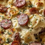 Classic Crockpot Pierogi Casserole with Kielbasa served in a white bowl with sour cream