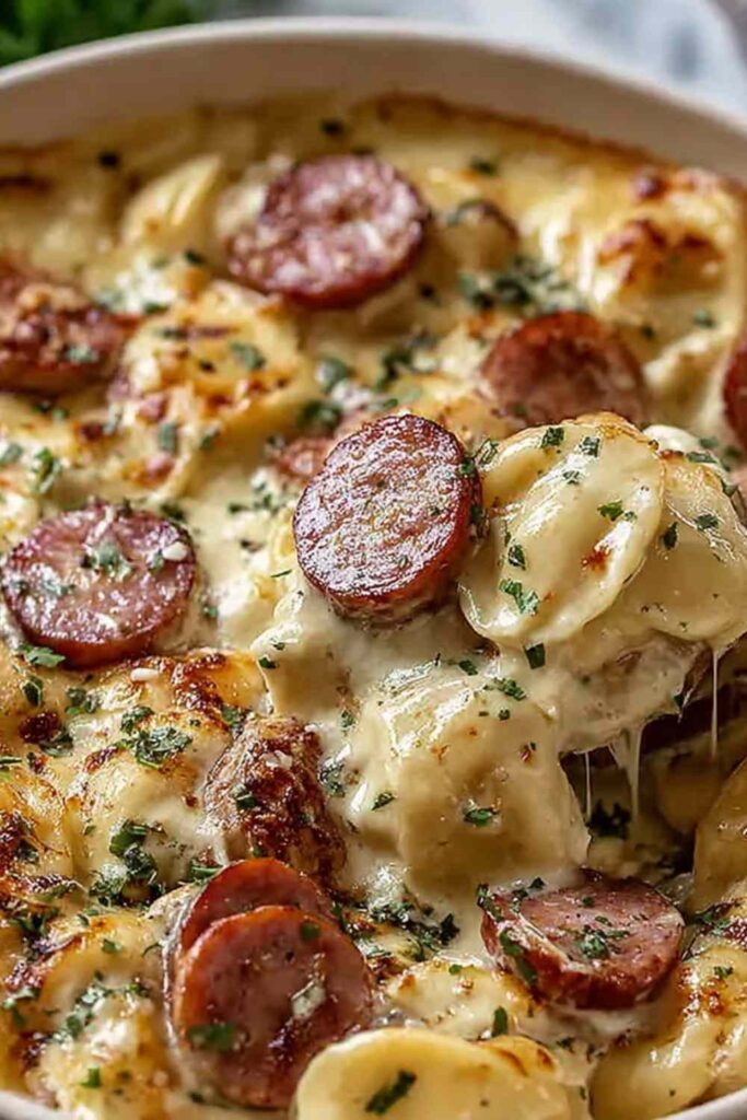 Classic Crockpot Pierogi Casserole with Kielbasa served in a white bowl with sour cream