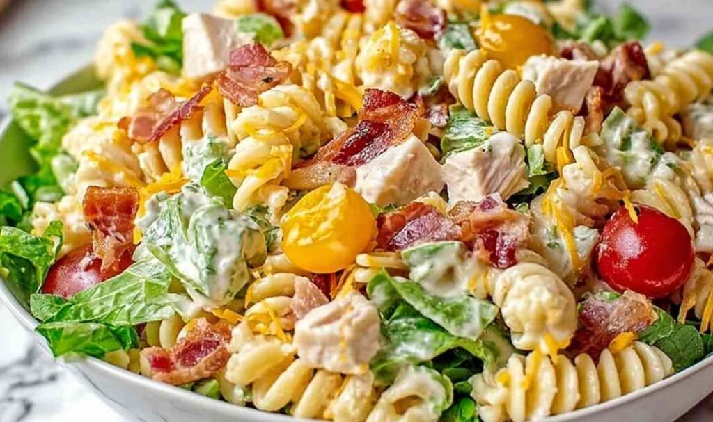 Club Sandwich Pasta Salad in large bowl with bacon chicken and vegetables