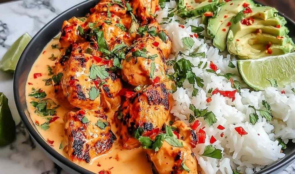 Coconut chicken rice bowl with tender chicken pieces, jasmine rice, shredded carrots, cucumber, and cilantro garnish