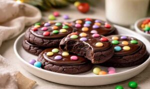 Fudgy cosmic brownie cookies topped with rainbow chocolate chips on cooling rack