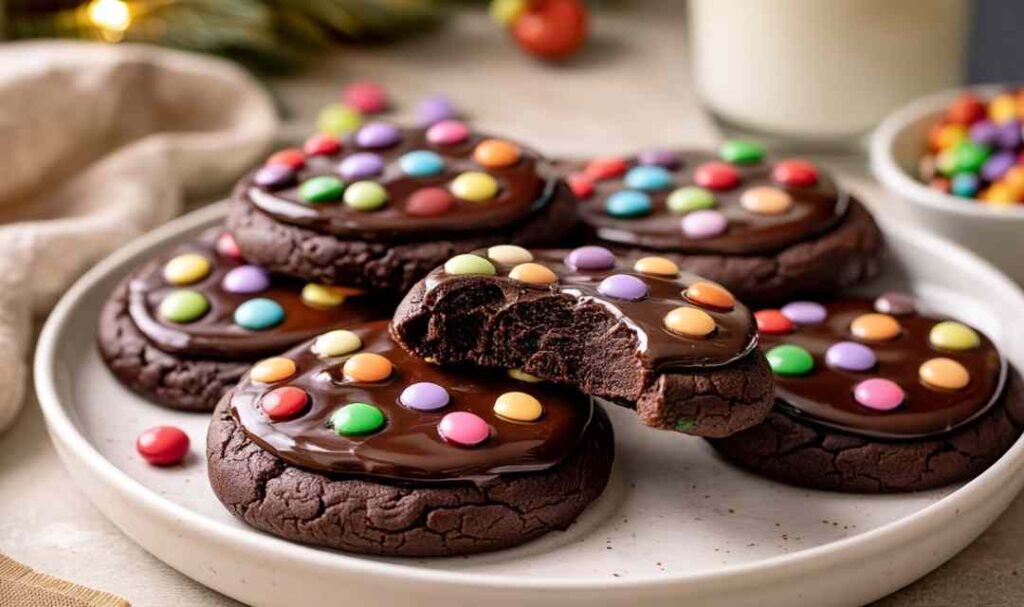 Fudgy cosmic brownie cookies topped with rainbow chocolate chips on cooling rack