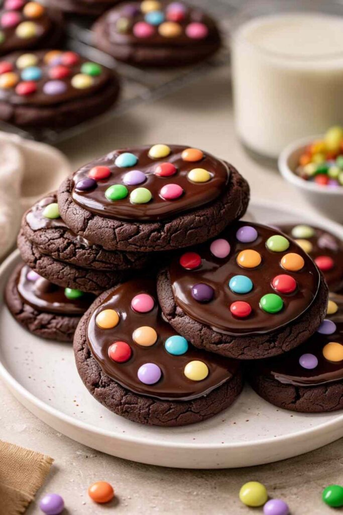 Fudgy cosmic brownie cookies topped with rainbow chocolate chips on cooling rack
