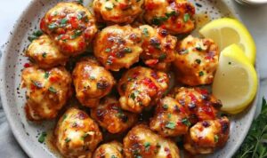Cowboy butter chicken bites in skillet with fresh herbs and melted butter glaze