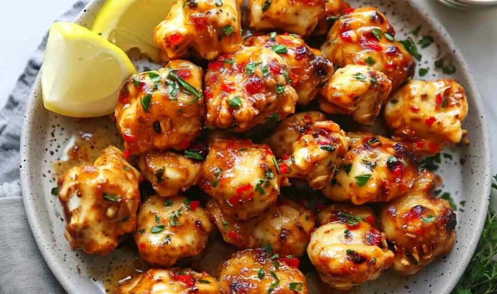 Cowboy butter chicken bites in skillet with fresh herbs and melted butter glaze