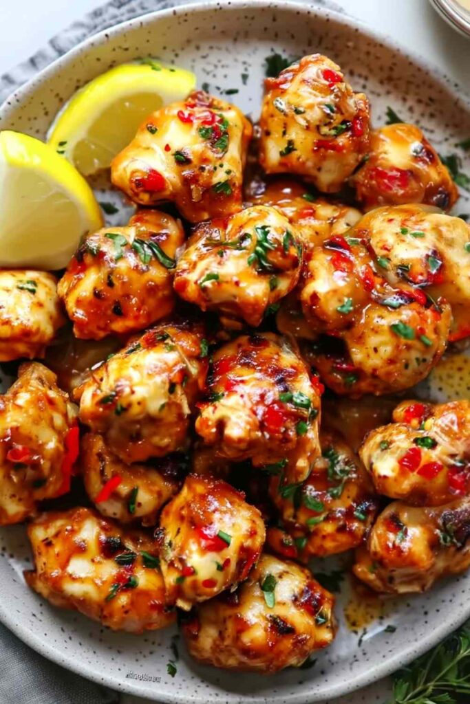 Cowboy butter chicken bites in skillet with fresh herbs and melted butter glaze