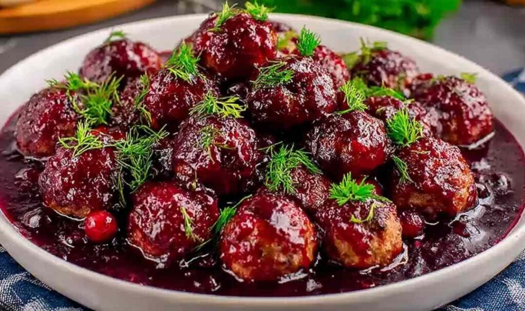 Cranberry meatballs in slow cooker with glossy red sauce garnished with fresh herbs