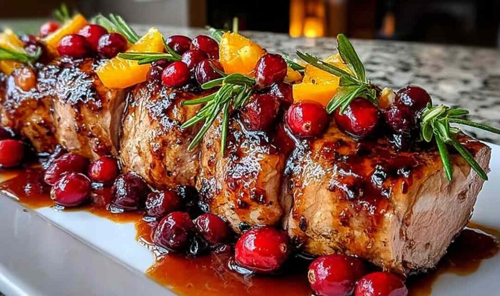 Sliced Cranberry Orange Pork Tenderloin on white platter with glossy cranberry glaze