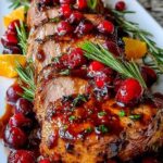 Sliced Cranberry Orange Pork Tenderloin on white platter with glossy cranberry glaze