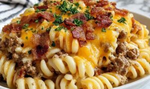 Loaded beef bacon cheeseburger pasta in a pot with melted cheese and crispy bacon