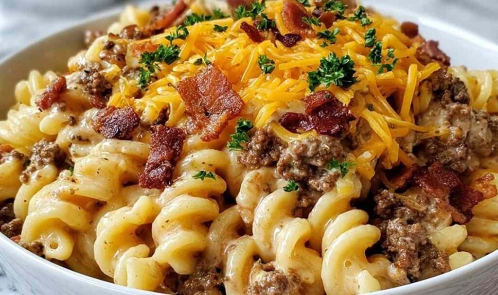Loaded beef bacon cheeseburger pasta in a pot with melted cheese and crispy bacon
